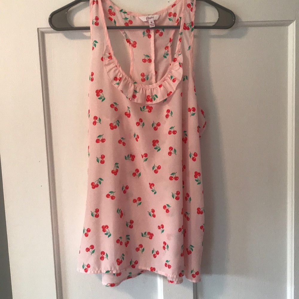 Pink cherry print ruffle tank top